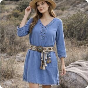 Michael Stars Tencel Chambray Dress Medium Blue Grommet V Neck Boho Shift Dress